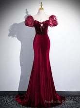 Burgundy Mermaid Velvet Puff Sleeve Prom Dress